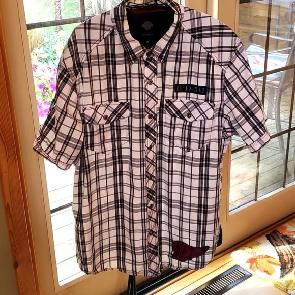 Harley-Davidson Checked Plaid Skull Black Woven Knit SSlv Buttondown Sz 2X Shirt - Picture 1 of 15